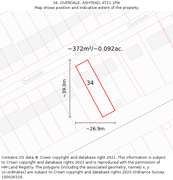 34, OVERDALE, ASHTEAD, KT21 1PW: Plot and title map