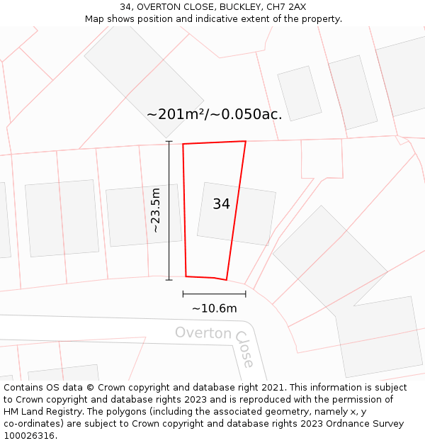 34, OVERTON CLOSE, BUCKLEY, CH7 2AX: Plot and title map
