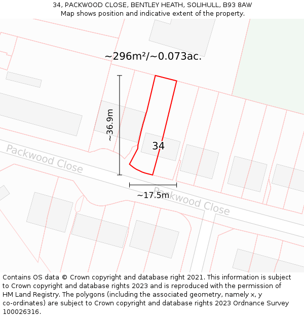 34, PACKWOOD CLOSE, BENTLEY HEATH, SOLIHULL, B93 8AW: Plot and title map