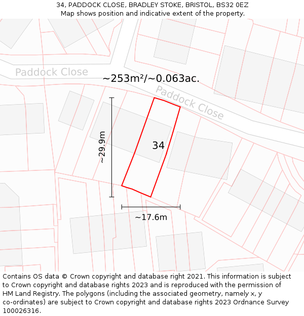 34, PADDOCK CLOSE, BRADLEY STOKE, BRISTOL, BS32 0EZ: Plot and title map