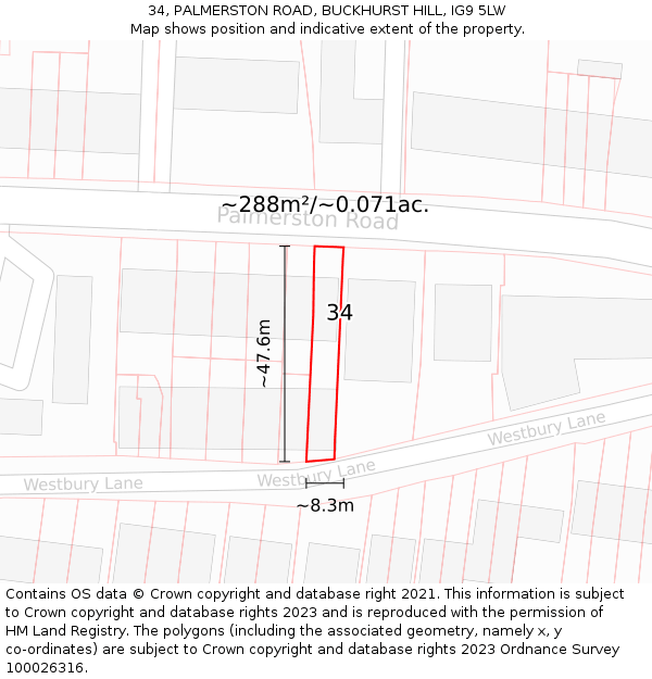 34, PALMERSTON ROAD, BUCKHURST HILL, IG9 5LW: Plot and title map
