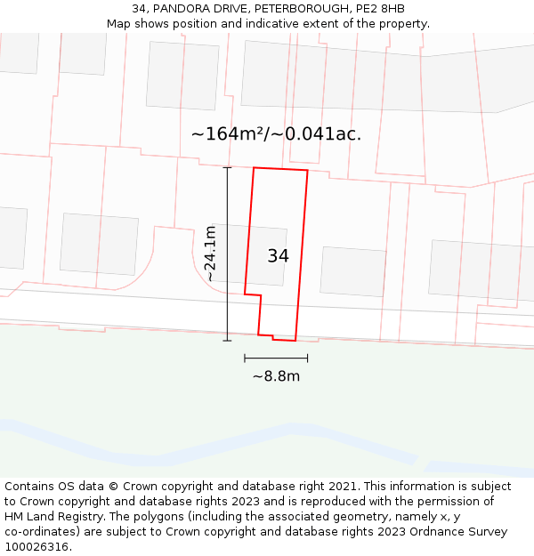34, PANDORA DRIVE, PETERBOROUGH, PE2 8HB: Plot and title map