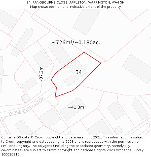 34, PANGBOURNE CLOSE, APPLETON, WARRINGTON, WA4 5HJ: Plot and title map