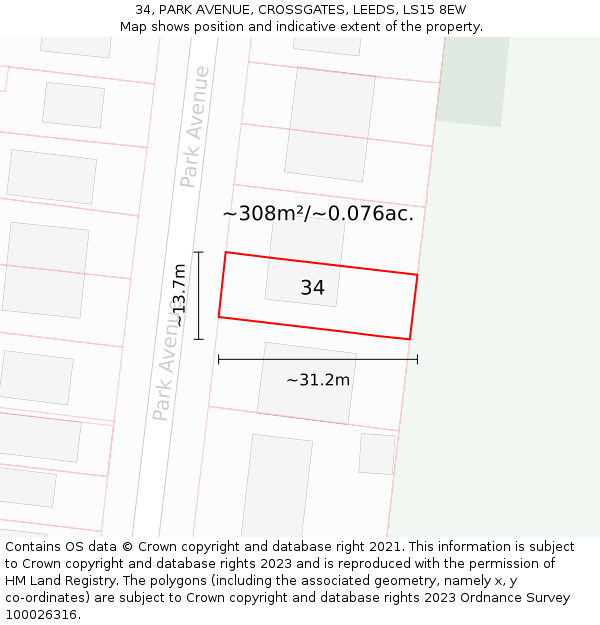 34, PARK AVENUE, CROSSGATES, LEEDS, LS15 8EW: Plot and title map