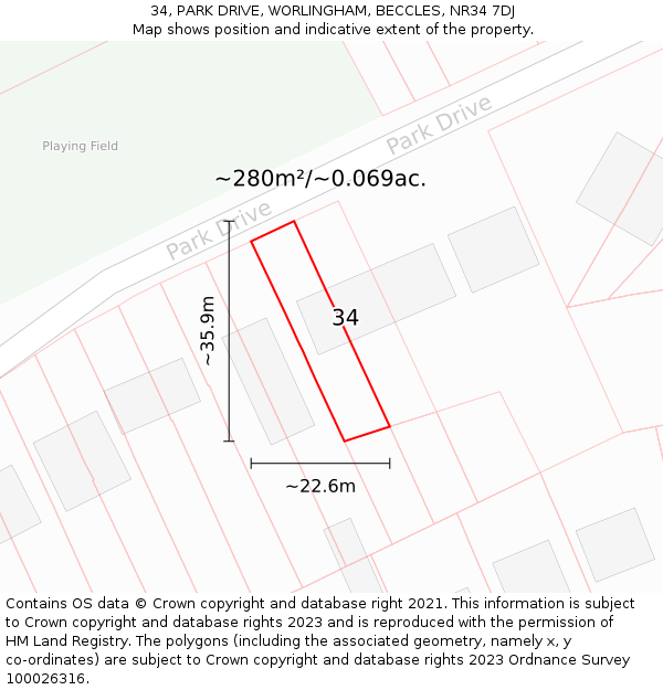 34, PARK DRIVE, WORLINGHAM, BECCLES, NR34 7DJ: Plot and title map