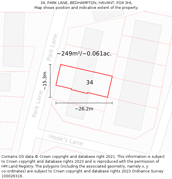 34, PARK LANE, BEDHAMPTON, HAVANT, PO9 3HL: Plot and title map