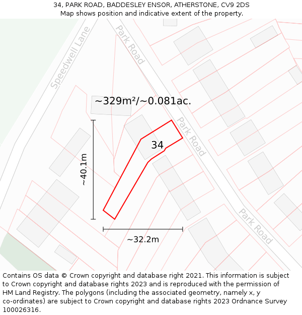 34, PARK ROAD, BADDESLEY ENSOR, ATHERSTONE, CV9 2DS: Plot and title map