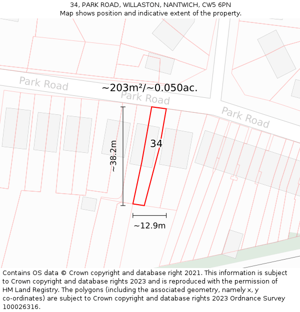 34, PARK ROAD, WILLASTON, NANTWICH, CW5 6PN: Plot and title map