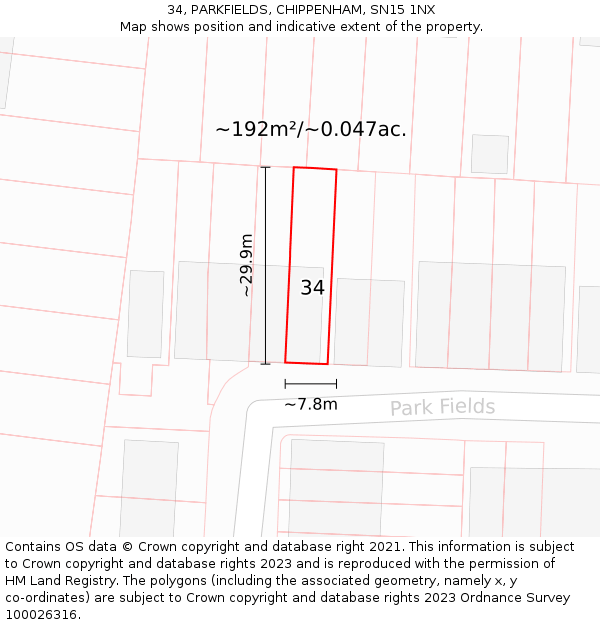 34, PARKFIELDS, CHIPPENHAM, SN15 1NX: Plot and title map