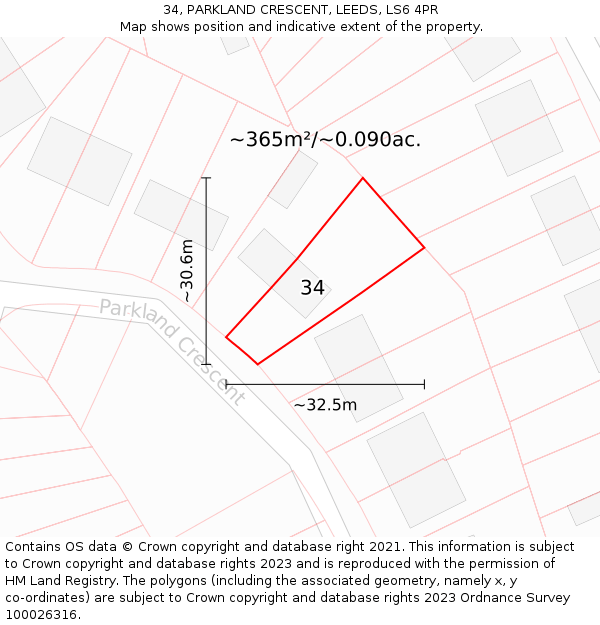 34, PARKLAND CRESCENT, LEEDS, LS6 4PR: Plot and title map