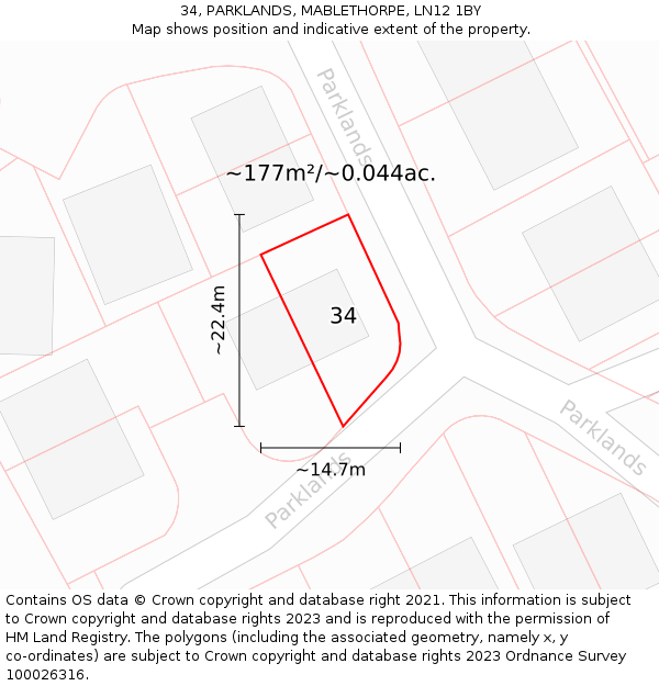 34, PARKLANDS, MABLETHORPE, LN12 1BY: Plot and title map