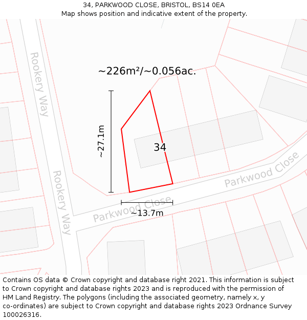 34, PARKWOOD CLOSE, BRISTOL, BS14 0EA: Plot and title map
