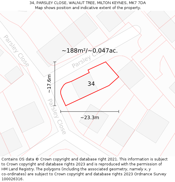 34, PARSLEY CLOSE, WALNUT TREE, MILTON KEYNES, MK7 7DA: Plot and title map