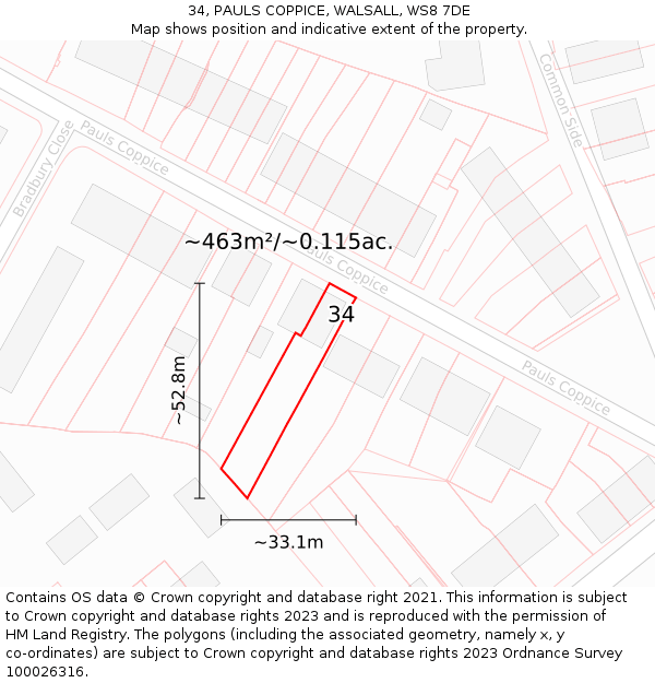 34, PAULS COPPICE, WALSALL, WS8 7DE: Plot and title map