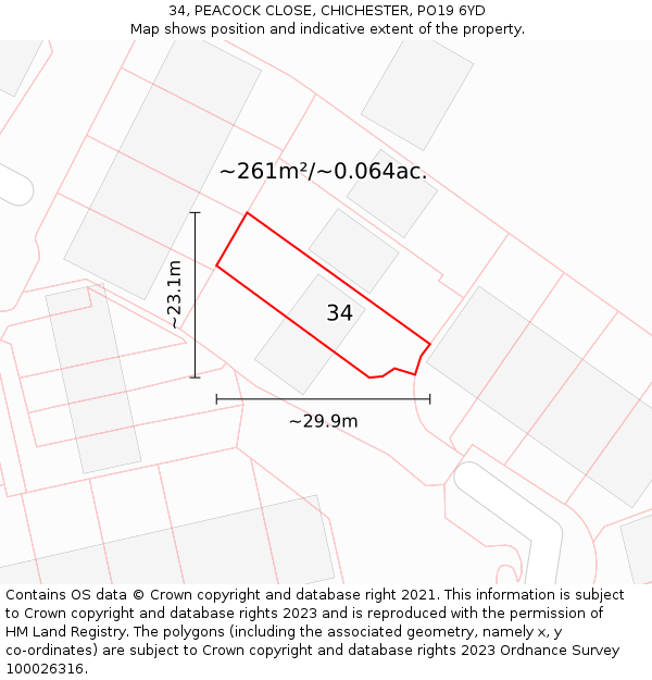 34, PEACOCK CLOSE, CHICHESTER, PO19 6YD: Plot and title map