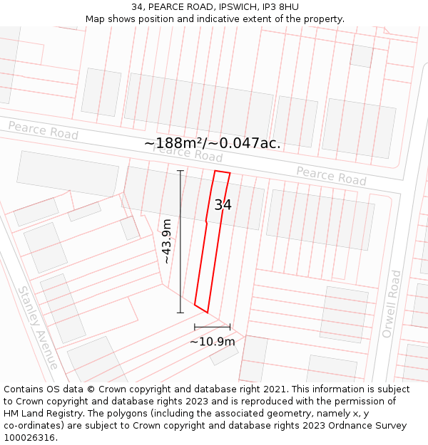 34, PEARCE ROAD, IPSWICH, IP3 8HU: Plot and title map
