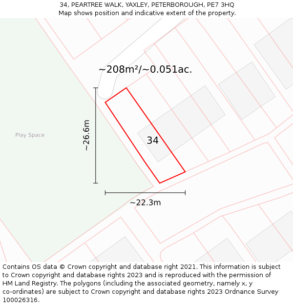 34, PEARTREE WALK, YAXLEY, PETERBOROUGH, PE7 3HQ: Plot and title map