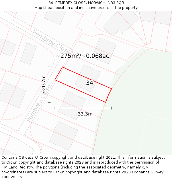 34, PEMBREY CLOSE, NORWICH, NR3 3QB: Plot and title map