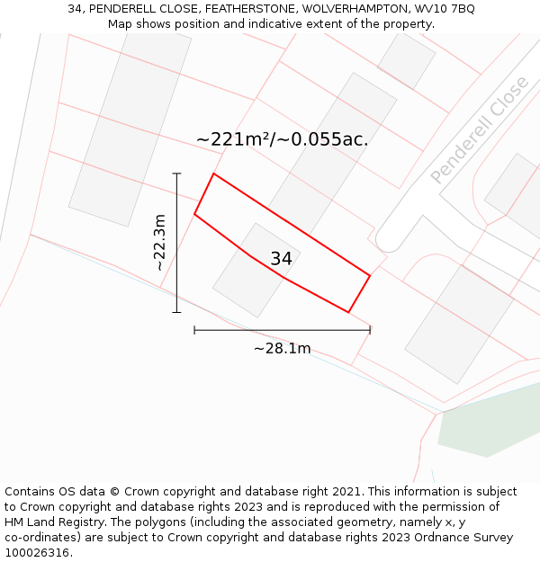 34, PENDERELL CLOSE, FEATHERSTONE, WOLVERHAMPTON, WV10 7BQ: Plot and title map