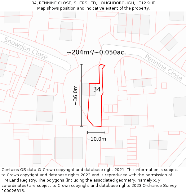 34, PENNINE CLOSE, SHEPSHED, LOUGHBOROUGH, LE12 9HE: Plot and title map