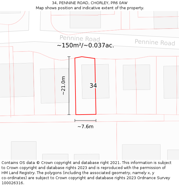 34, PENNINE ROAD, CHORLEY, PR6 0AW: Plot and title map