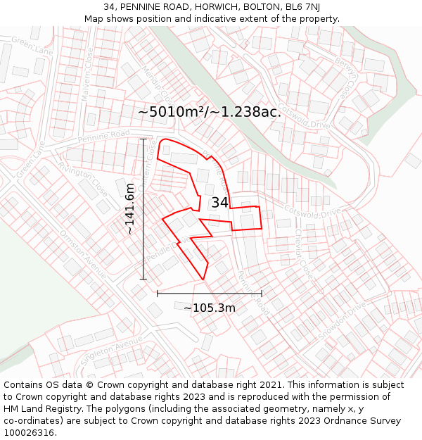 34, PENNINE ROAD, HORWICH, BOLTON, BL6 7NJ: Plot and title map