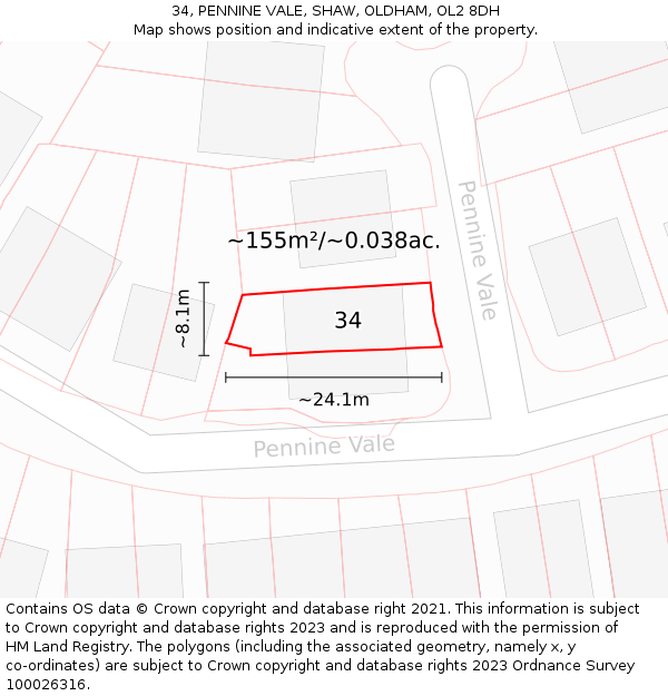 34, PENNINE VALE, SHAW, OLDHAM, OL2 8DH: Plot and title map
