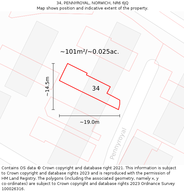 34, PENNYROYAL, NORWICH, NR6 6JQ: Plot and title map