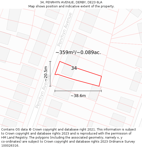 34, PENRHYN AVENUE, DERBY, DE23 6LA: Plot and title map
