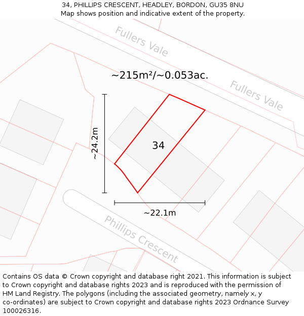 34, PHILLIPS CRESCENT, HEADLEY, BORDON, GU35 8NU: Plot and title map