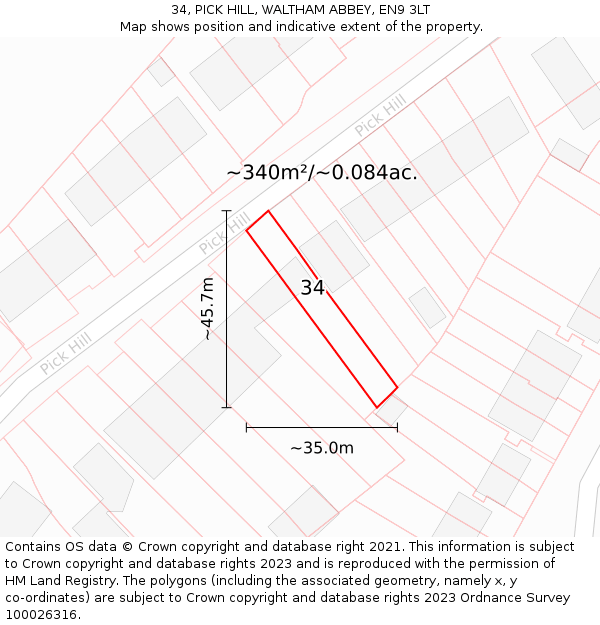 34, PICK HILL, WALTHAM ABBEY, EN9 3LT: Plot and title map
