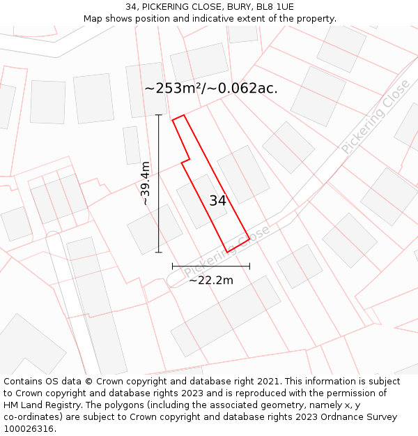 34, PICKERING CLOSE, BURY, BL8 1UE: Plot and title map
