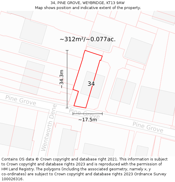 34, PINE GROVE, WEYBRIDGE, KT13 9AW: Plot and title map