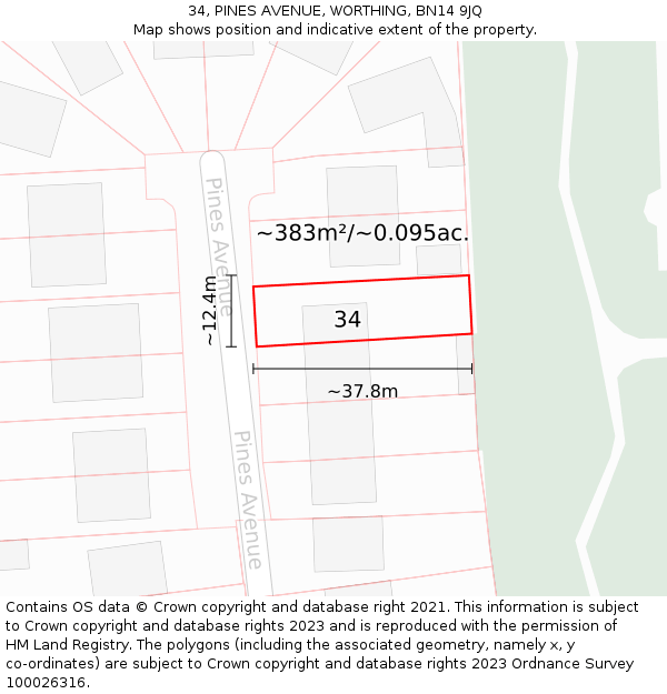 34, PINES AVENUE, WORTHING, BN14 9JQ: Plot and title map