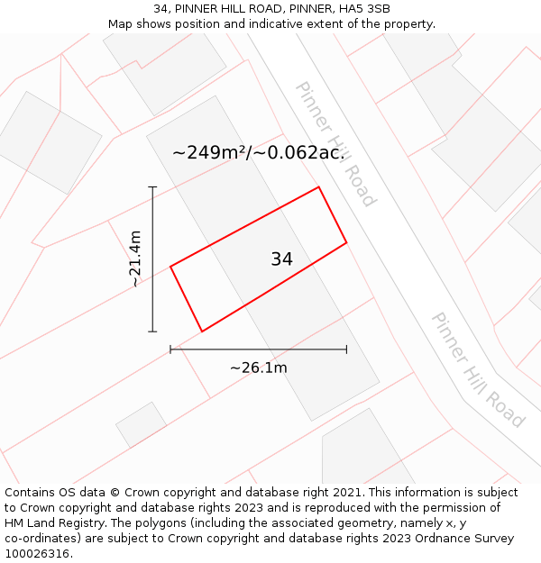 34, PINNER HILL ROAD, PINNER, HA5 3SB: Plot and title map