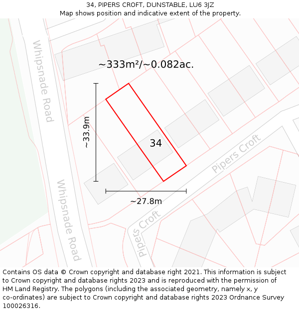 34, PIPERS CROFT, DUNSTABLE, LU6 3JZ: Plot and title map