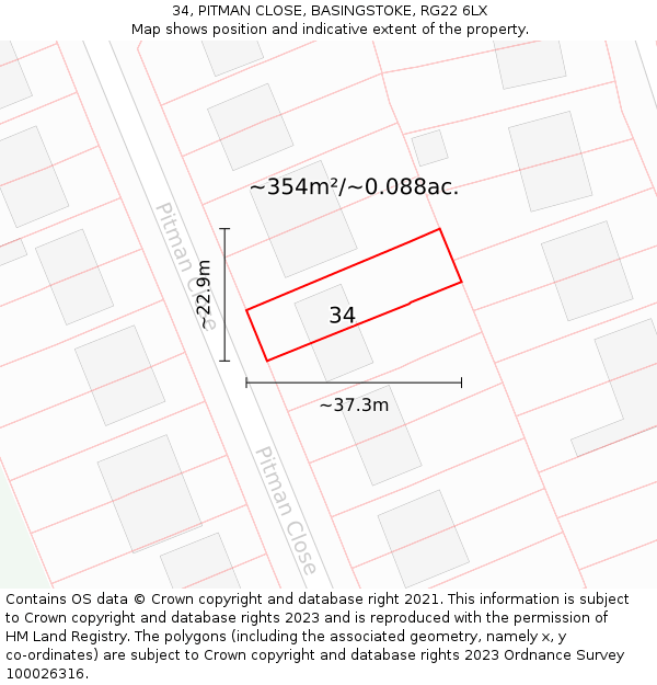 34, PITMAN CLOSE, BASINGSTOKE, RG22 6LX: Plot and title map