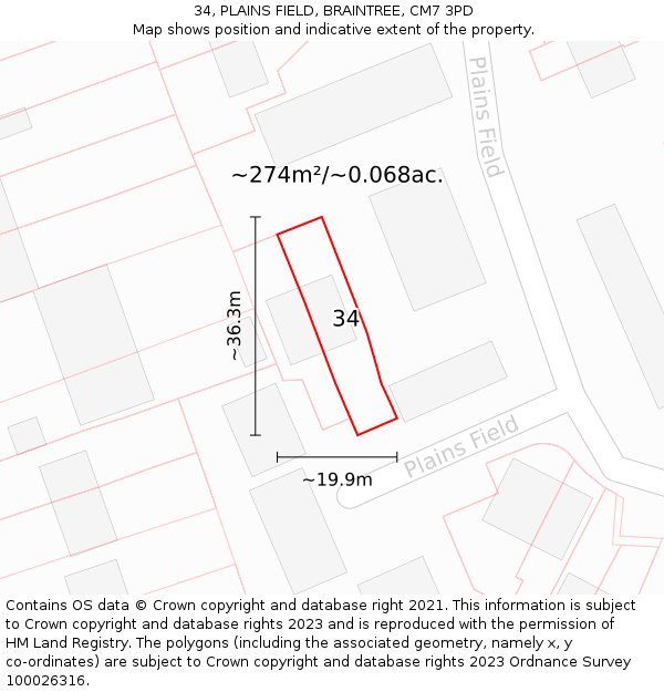 34, PLAINS FIELD, BRAINTREE, CM7 3PD: Plot and title map