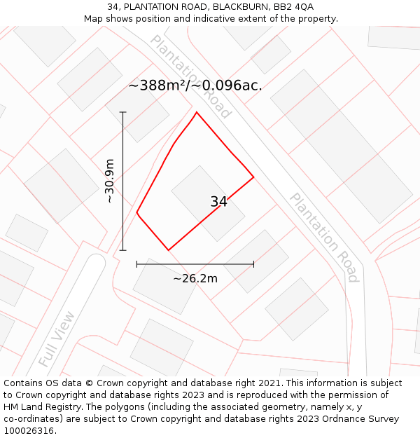 34, PLANTATION ROAD, BLACKBURN, BB2 4QA: Plot and title map