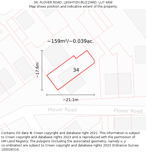 34, PLOVER ROAD, LEIGHTON BUZZARD, LU7 4AW: Plot and title map