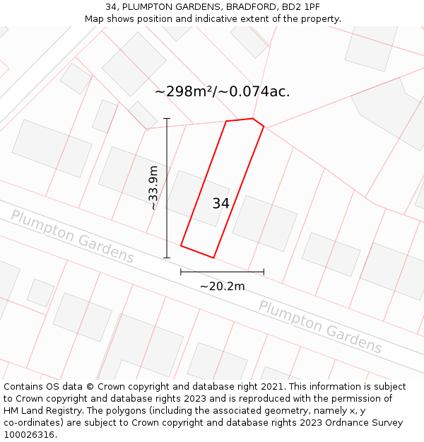 34, PLUMPTON GARDENS, BRADFORD, BD2 1PF: Plot and title map