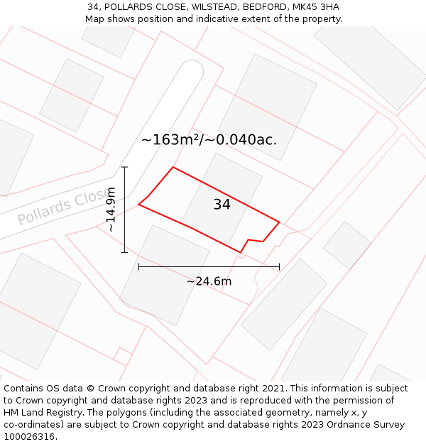 34, POLLARDS CLOSE, WILSTEAD, BEDFORD, MK45 3HA: Plot and title map