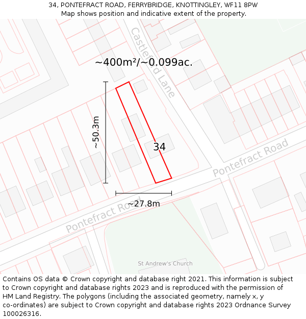 34, PONTEFRACT ROAD, FERRYBRIDGE, KNOTTINGLEY, WF11 8PW: Plot and title map