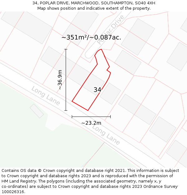 34, POPLAR DRIVE, MARCHWOOD, SOUTHAMPTON, SO40 4XH: Plot and title map
