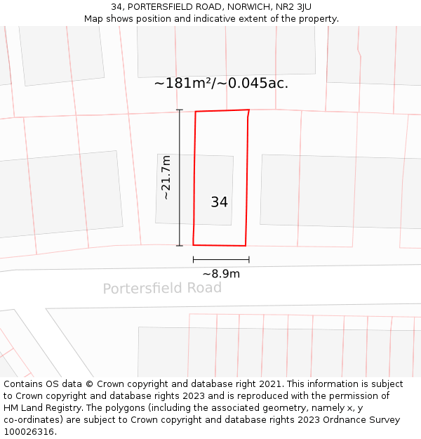34, PORTERSFIELD ROAD, NORWICH, NR2 3JU: Plot and title map