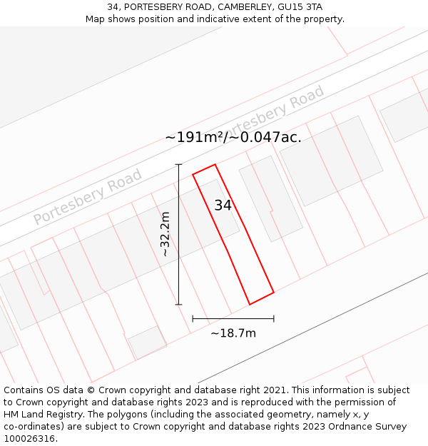 34, PORTESBERY ROAD, CAMBERLEY, GU15 3TA: Plot and title map