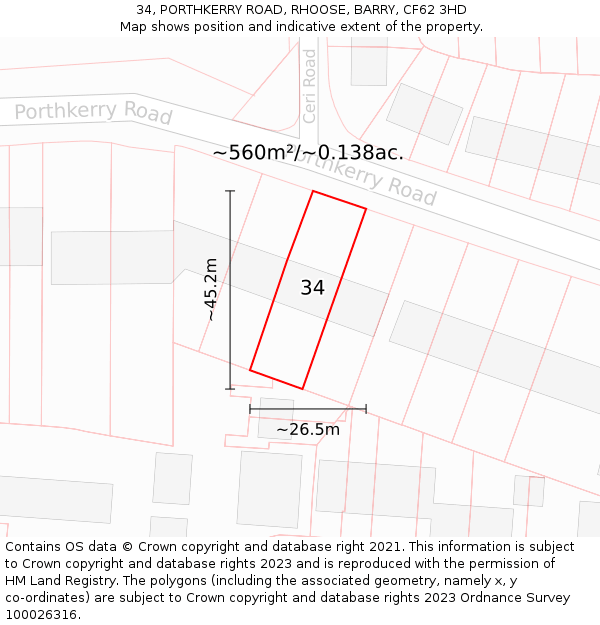 34, PORTHKERRY ROAD, RHOOSE, BARRY, CF62 3HD: Plot and title map
