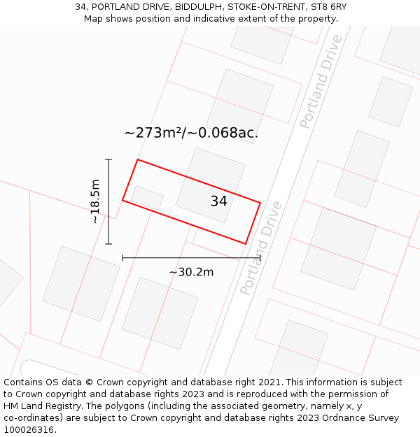 34, PORTLAND DRIVE, BIDDULPH, STOKE-ON-TRENT, ST8 6RY: Plot and title map