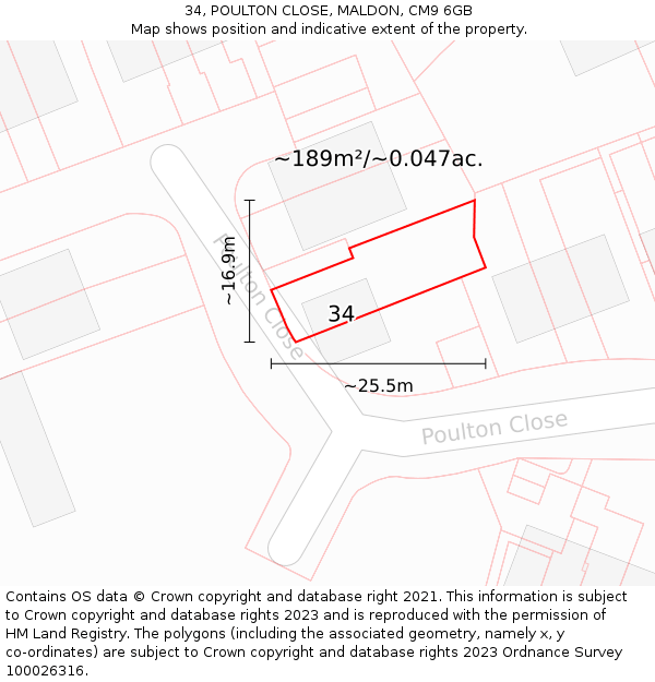 34, POULTON CLOSE, MALDON, CM9 6GB: Plot and title map