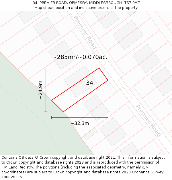 34, PREMIER ROAD, ORMESBY, MIDDLESBROUGH, TS7 9AZ: Plot and title map